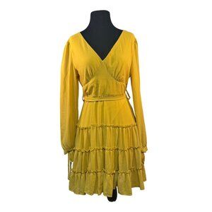 Mustard Yellow Wrap Dress By Shein  US 6 Medium Tiered Ruffle Skirt Long-Sleeve